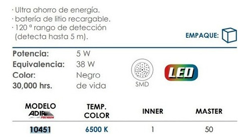 Lámpara Solar Led Sensor De Movimiento Adir 10451 Estructura Negro