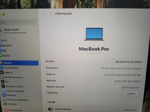 Apple Macbook Pro 15 2019, Intel Core I7-9th, Ram 16gb Plateado (Usado)