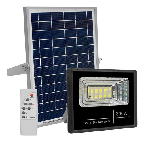 Refletor Solar Led Holofote 300w Placa Bateria Prova Dágua Carcaça Preto Luz Branco-frio