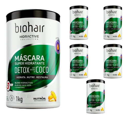 6 Máscara Hidratante Detox Óleo De Coco Natural Biohair 1kg