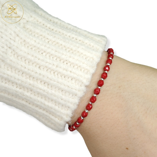 Imagen 4 de 5 de Pulsera Plata Piedras Chicas Rojas