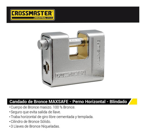 Imagen 2 de 3 de Candado Bronce Horizontal Blindado 60mm Crossmaster 9933220