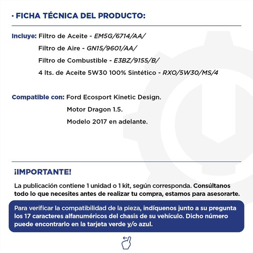Imagen 2 de 10 de Kit Filtros Aceite + Aire + Combust + 5w30 Ford Ecosport 1.5