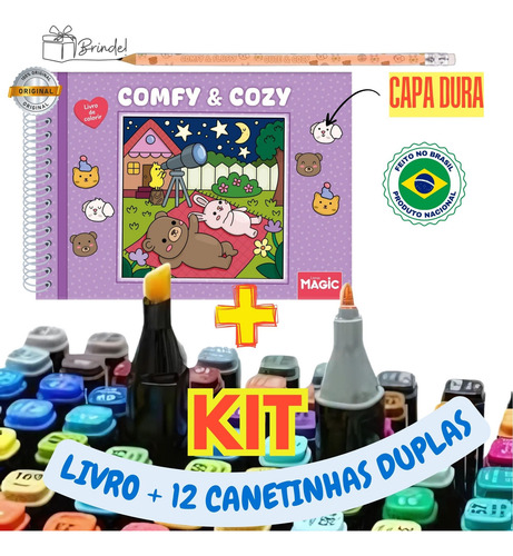 Kit 12 Marcadores Duplos + Livro De Colorir Comfy & Cozy Comfy & Fluffy No Estilo Tendencia Tik Tok Bobbie Goods Folhas Grossas 180g Com Acetato Capa Dura Laminada