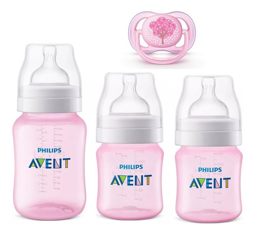 Kit 3 Mamadeiras Avent Classic Rosa + Chupeta Ultra Air Rosa