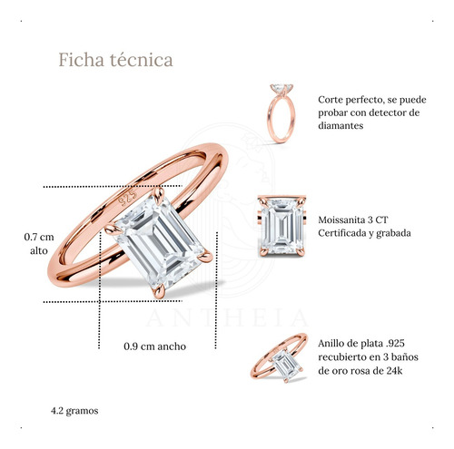 Anillo Compromiso Corte Esmeralda 3 Ct Oro 24k Antheia Rosa 7