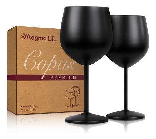 Copas de Vino: Set de 2 Copas de Acero Inoxidable Elegantes y Modernas, Irrompibles Ideal para Fiestas y Reuniones, Copas Negras de 18 Onzas (532 ml)