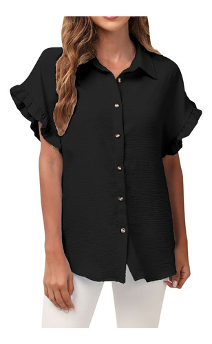 Blusa Casual Verano Para Mujer Volante Cuello Alto Boton