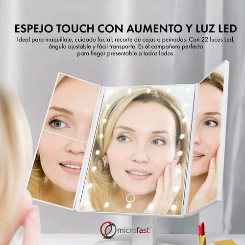 Imagen 7 de 10 de Espejo Táctil 180º 22 Luces Led Aumento Plegable Maquillaje