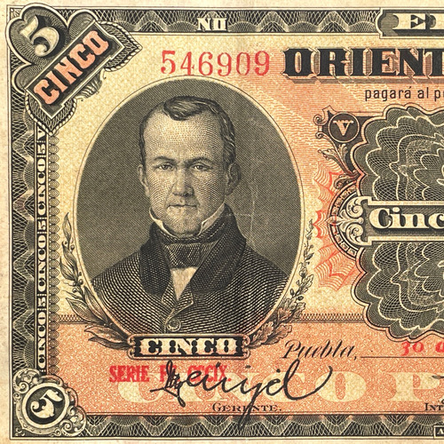 Billete 5 Pesos El Banco Oriental De Mexico, 1914 Serie Ff