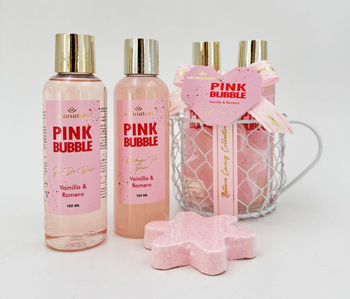 Vitanature Bath Gift Set Basket Cup Pink Bubble Vainilla & R