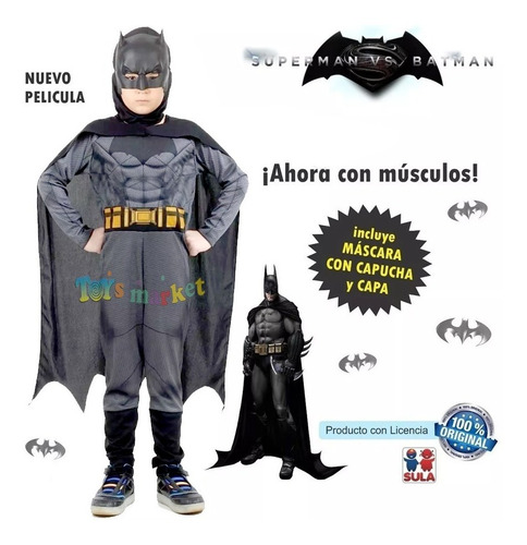 Imagen 2 de 7 de Disfraz Batman Negro Con Musculos Capa Y Botas Sulamericana