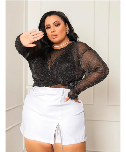 Blusa Plus Size Brilhosa Transparente Em Lurex Premium