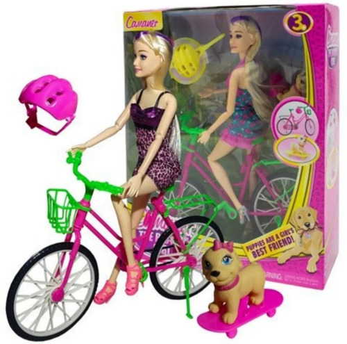 Muñeca Con Bicicleta Mascota Y Accesorios En Caja Niña