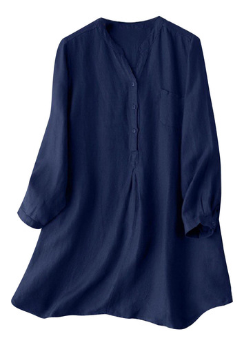 Camisa Casual Holgada Con Cuello En V, Talla Grande, De Colo
