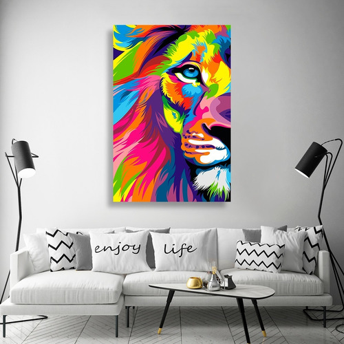 Cuadro Decorativo Canvas Animales Leon De Colores Vertical