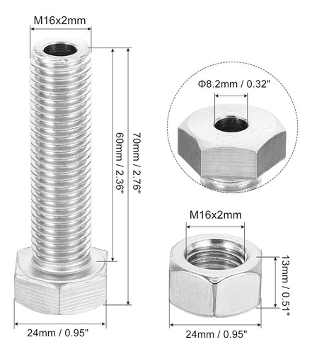 Tornillo Hexagonal Externo Hueco M16x60mm, 2 Juegos De S Cil