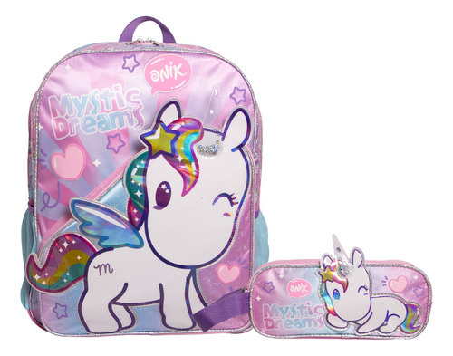 Kit Mochila Onix Unicornio Lapicera Original Primaria Rosa Rosa