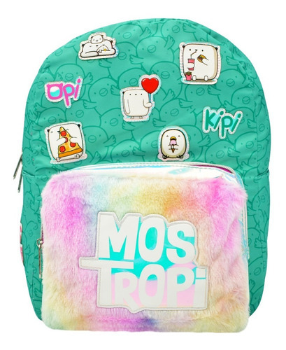 Mochila verde primária Mos Tropi Api Kipi com design de tecido estampado em caixa eletrônico, pelúcia