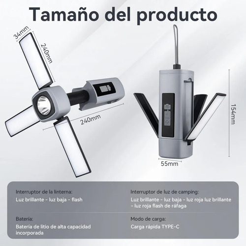 Linterna de Emergencia Multifuncional Portátil Camping Luz Recargable Plegable para Exploración al Aire Libre Camping Gris