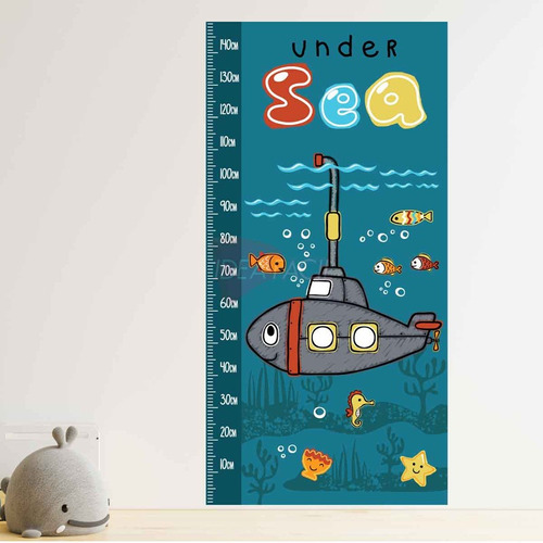 Vinilo Regla Medidora Infantil Submarino Pescados 150x75cm