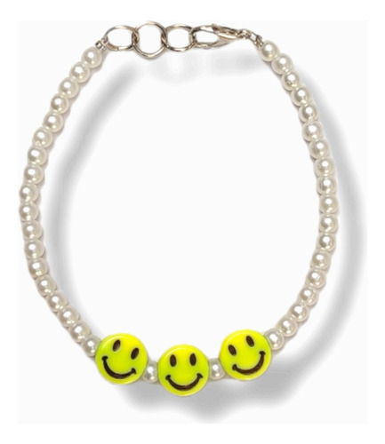 Pulsera Carita Feliz Smile Amarillas Y Perlas 4mm