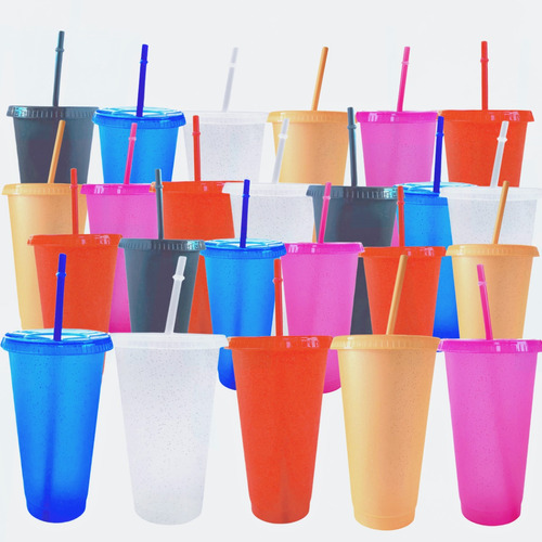 50 Vasos 24 Oz Reutilizables Para Fiesta Con Popote