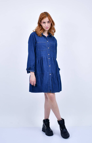 Vestido Jean More Volado En Falda, Botones Al Frente