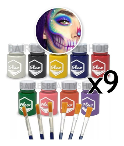 Maquillaje Artistico Glow Hipoalergenico X 9 + Pinceles
