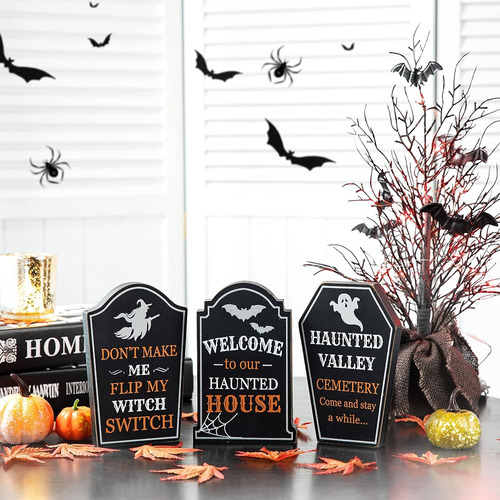 Glitzhome 3 Pack Halloween Table Sign Rustic Wooden Tombston