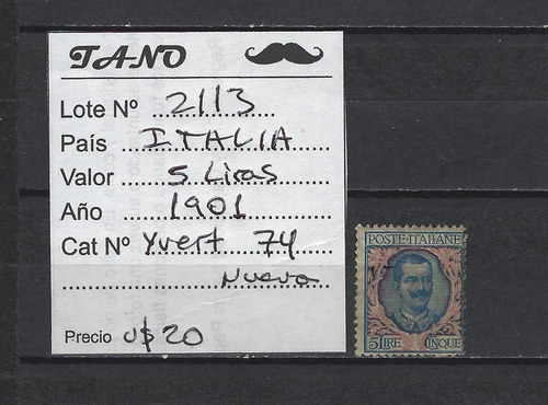 Lote2113 Italia 5 Liras Año 1901 Yvert# 74 Nueva