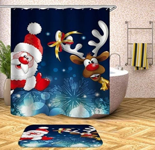 Cortina De Baño Tela Navidad Diseños 180x180cms + 12 Ganchos Color Segun Diseño Santa y Reno fondo azul