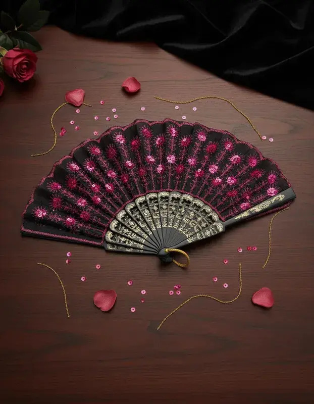 Leque De Mão Luxo Festa Dança Carnaval Gueixa Medio Em Estilo Glitter Lantejoula Cor Preto E Rosa