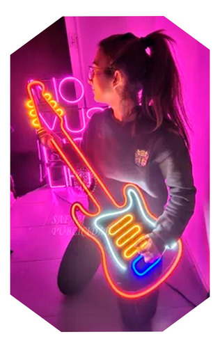 Cartel Guitarra En Neón Led  100x34 Cm - 