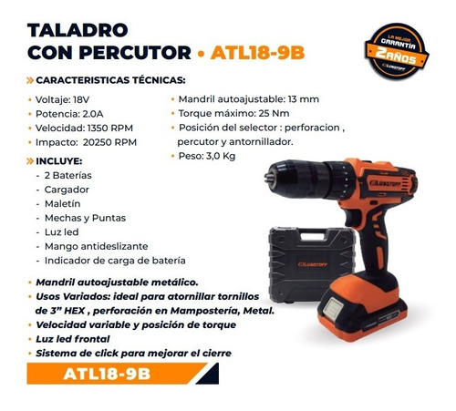 Imagen 2 de 9 de Taladro Percutor Inalámbrico Lusqtoff Atl18-9b 18v