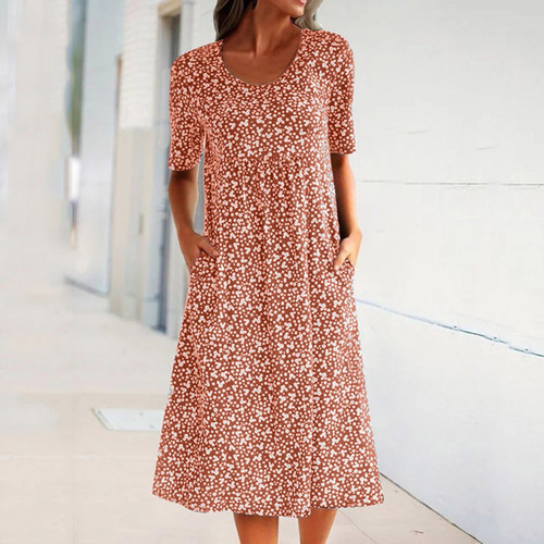 Vestido Casual Estampado Con Cuello Redondo Y Medio Puño Flo Vestido Casual Estampado Con Cuello Redondo Y Medio Puño Flo