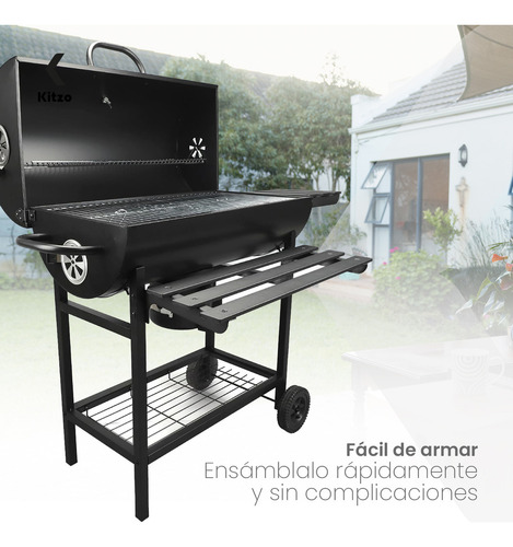 Asador De Carbón Tipo Barril Con Ruedas Acero Inoxidable Parrilla Para Jardin Kitzo