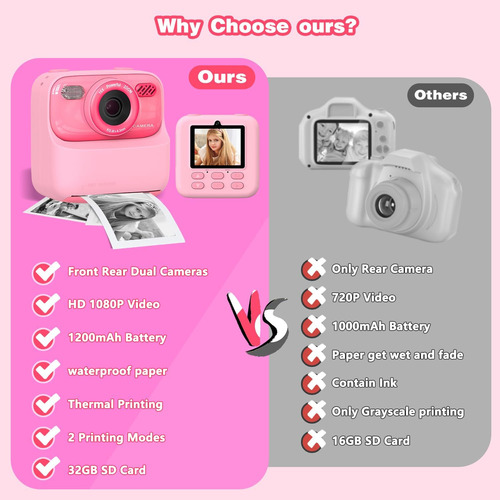 Cámara Digital Rosa Para Niños, Impresión Instantánea De Fot