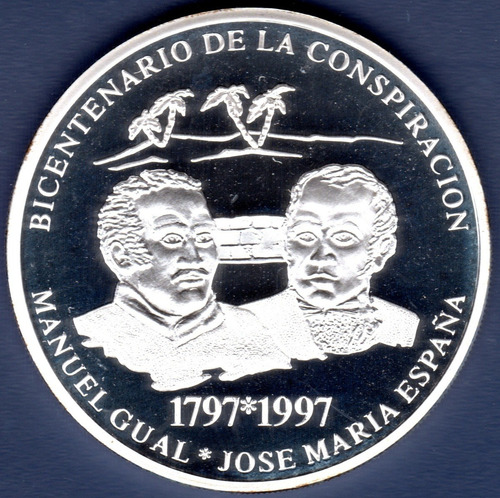 Imagen 1 de 2 de Moneda 500 Bs De 1997 Conspiración Gual Y España Plata Proof