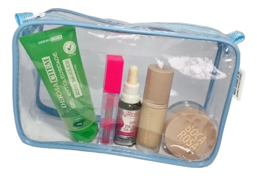 Necessaire 23x15 Kit Com 540 Transparente E Azul Maquiagem