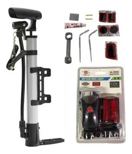 Inflador Bicicleta + Kit Reparacion Parches + Set Luces Led 