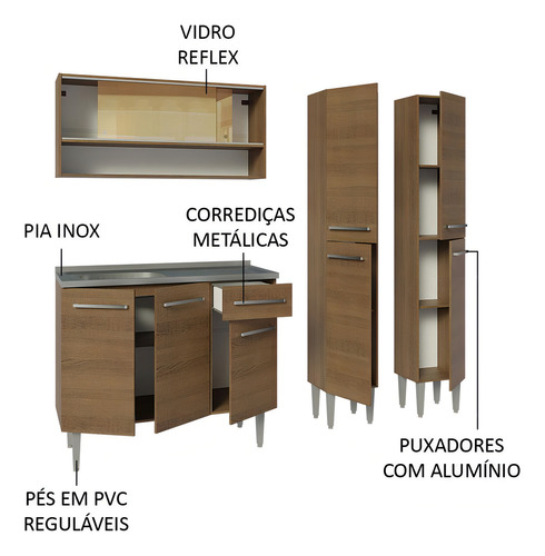 Armário Cozinha Compacta 169cm Com Pia Emilly Madesa R 14 Cor Rustic
