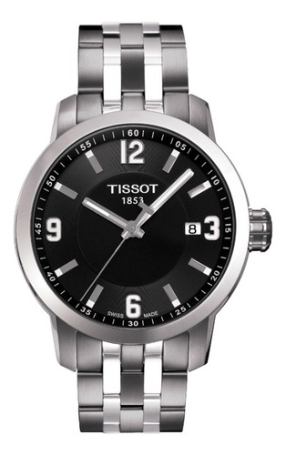 Reloj pulsera Tissot T-Sport PRC 200 de cuerpo color plateado, analógico, para hombre, fondo negro, con correa de acero inoxidable color plateado, agujas color gris y blanco, dial gris y blanco, minutero/segundero blanco, bisel color plateado y desplegable