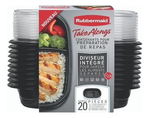 Juego De 10 Hermeticos Con Divisor Take Alongs Rubbermaid Color Negro