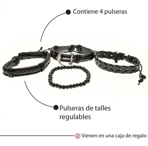 Imagen 3 de 7 de Pulsera Hombre Conjunto 4 En 1 Dije Ancla Bolitas Cuero