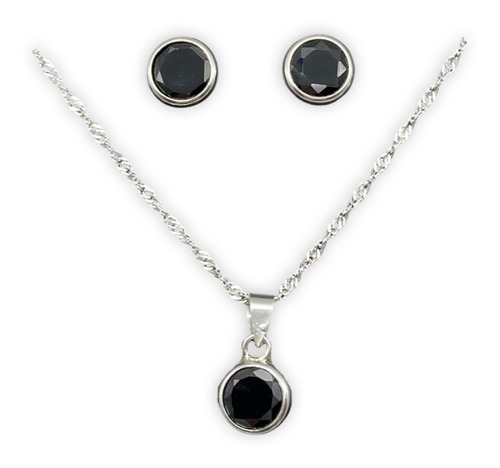 Conjunto Punto Luz Negro Ónix Aros Dije Cadena Plata 925