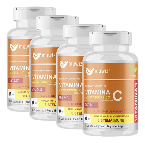 Vitamina C, ácido ascórbico, 60 cápsulas, 750 mg, Muwiz, 5 botes