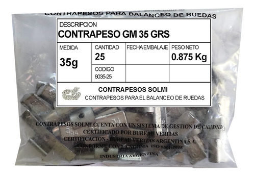 Contrapeso Plomo Solmi Balanceo Llanta Aleación 35gr 25 Unid