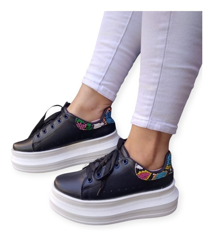 Tenis Negro De Mujer Vibora Colores A La Moda Casual Urban 