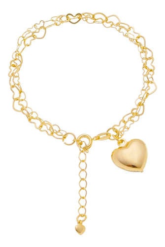 Pulseira Feminina Pingente Coração Amoeto Banho Ouro 18k